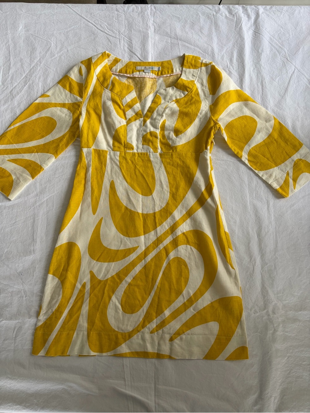 Boden 100% Linen Dress US 2P Retro Yellow Abstract Swirl V-Neck Tunic Shift
